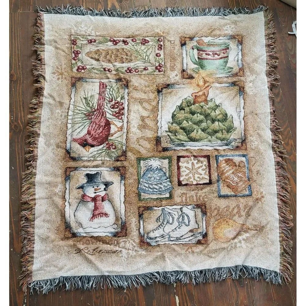 Winter Holiday Throw Blanket Fringe Cardinal Snowman Cocoa Snow‎ Skate 46